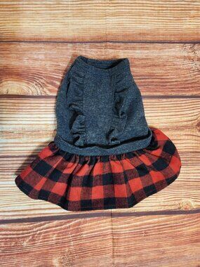 Top Paw Dog Dress XS Extra Small Gray Ruffle Top Red Buffalo Check Plaid Skirt